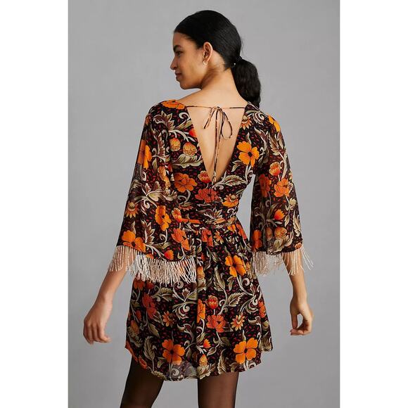 New Anthropologie Verb by Pallavi Floral Fringed Mini Dress $220 XS Brown Motif - Picture 5 of 5